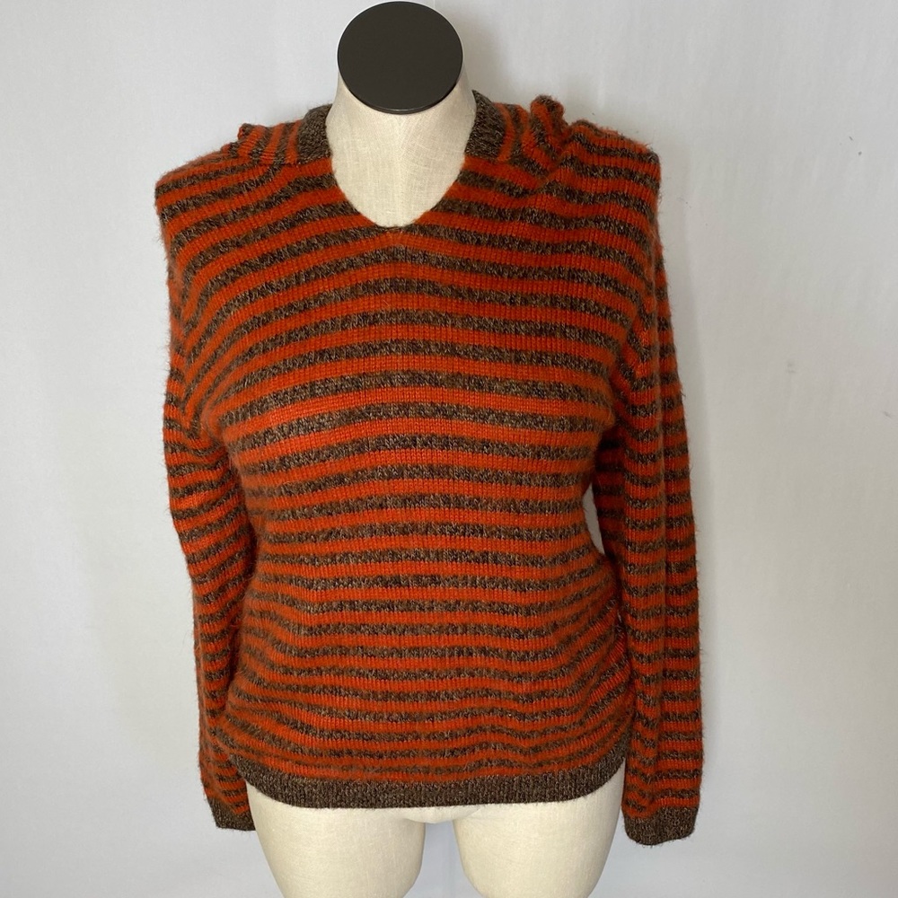 100% Alpaca pull on  stripe knit sweater with hood - Picture 3 of 7